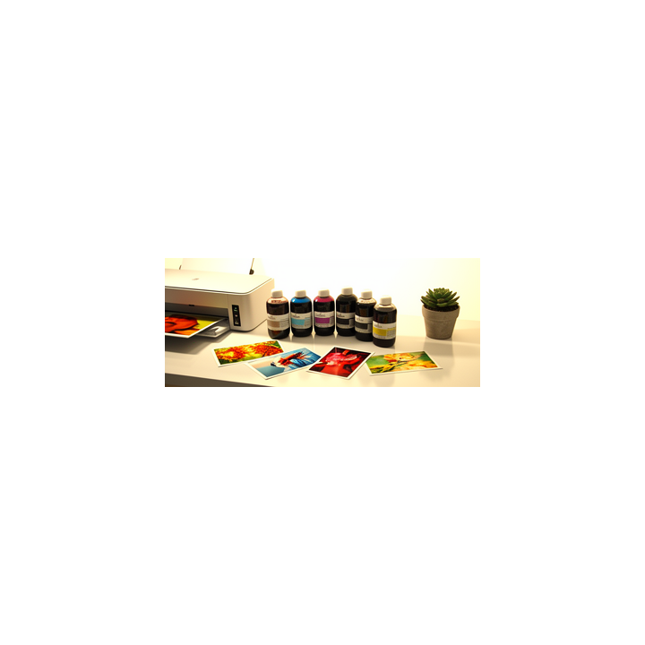 Ensemble d’encre compatible SUDHAUS:6x100 ml pour Canon PGI530/CLI531, bouteilles colorées près des cartouches et photos imprimé